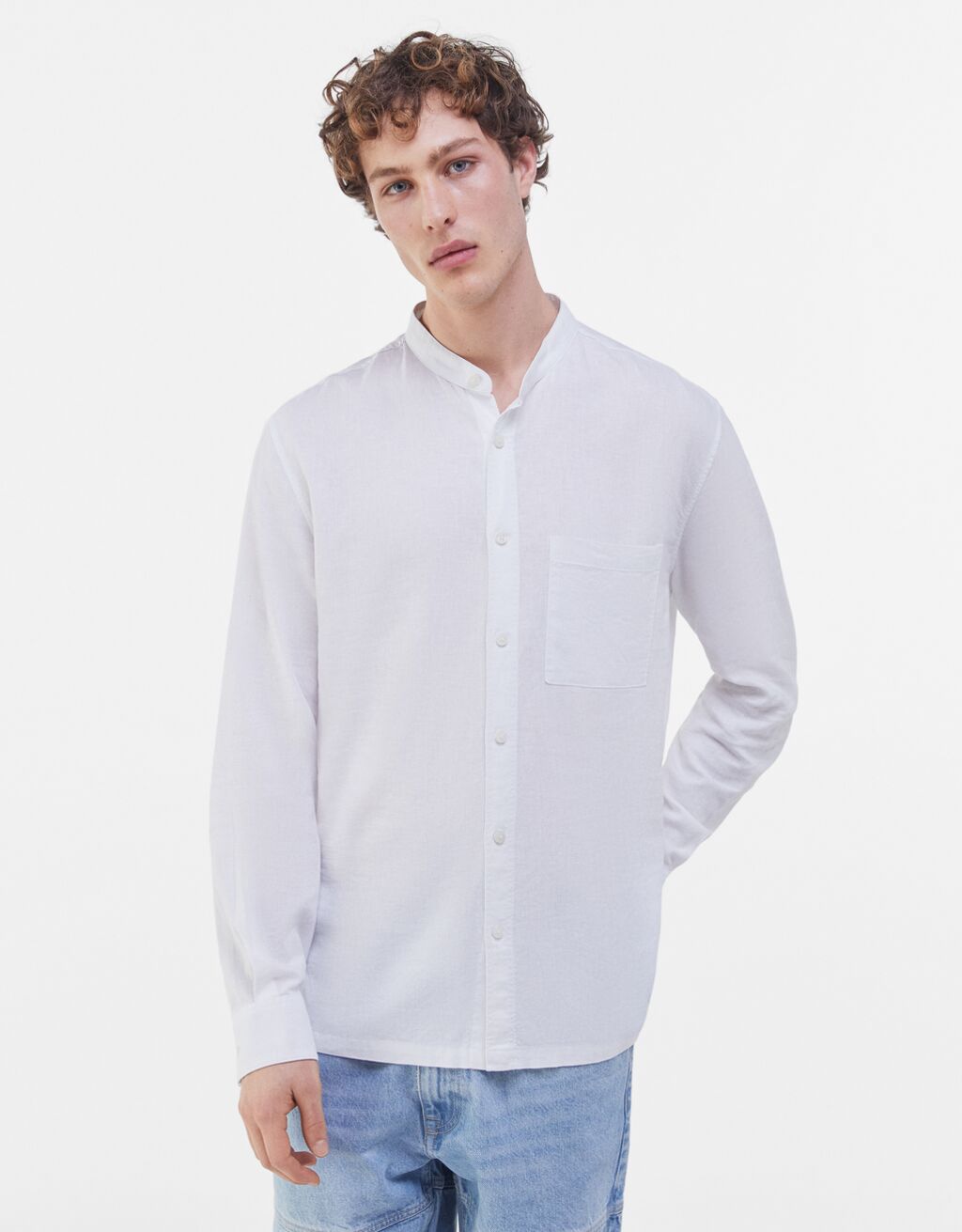 Linen shirt with stand-up collar - Piotnet Grid